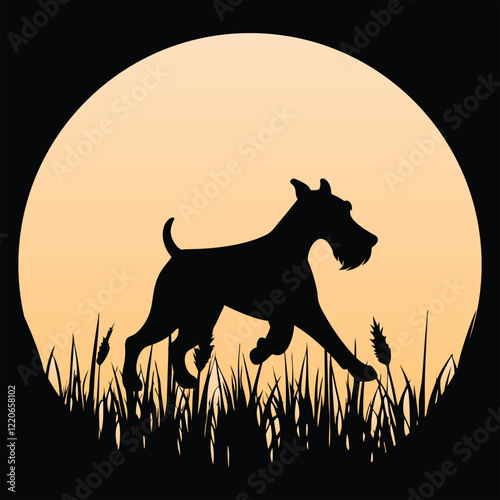 Airedale Terrier Silhouette Set Against Vintage Sunset Backdrop
