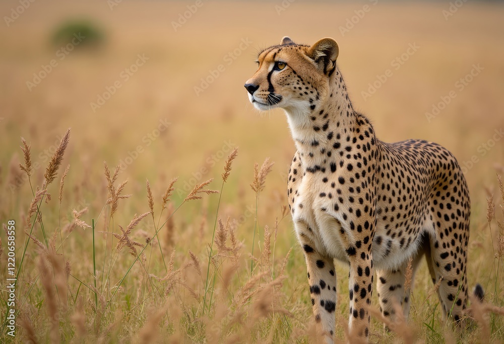 Naklejka premium Cheetah standing in tall grass field looking left