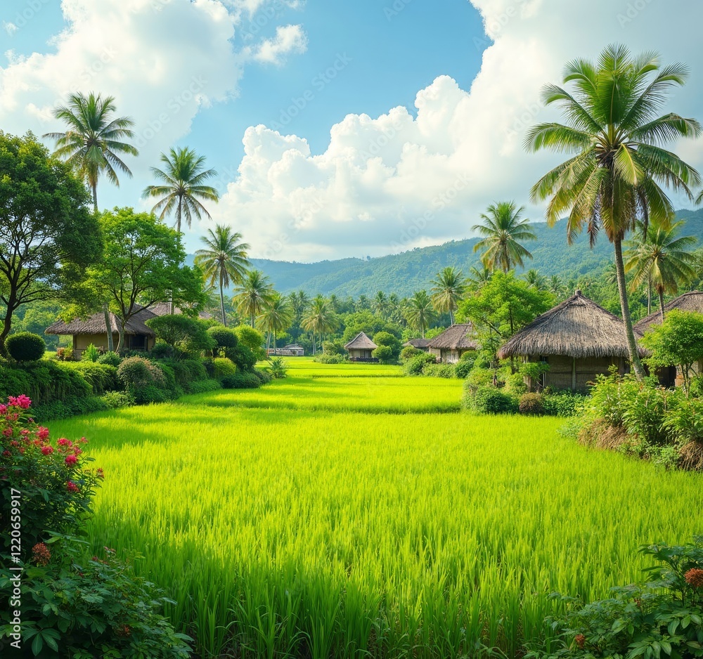 Obraz premium Green rice paddies and hut roofs under blue sky and clouds