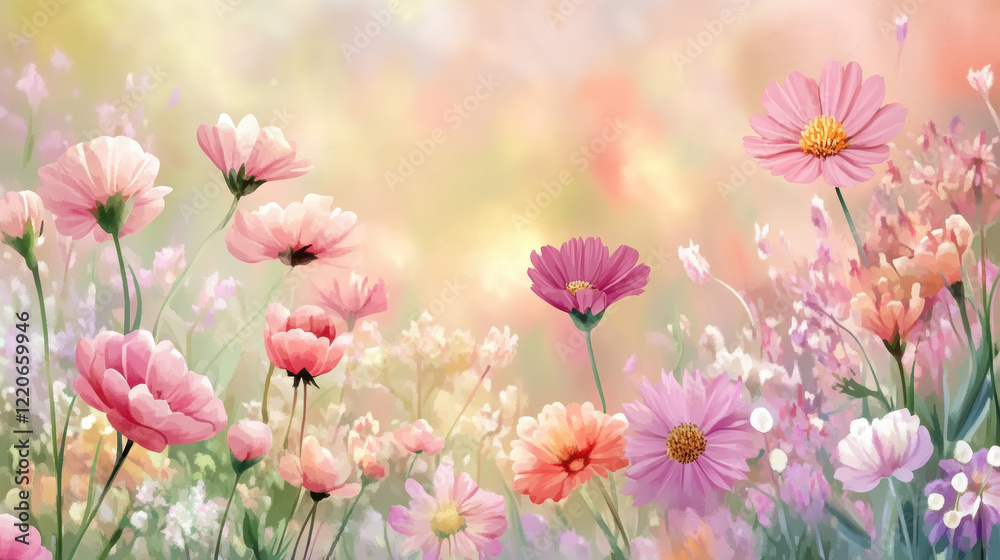 serene garden filled with blooming flowers in soft pastel colors, creating peaceful and graceful atmosphere. vibrant blossoms stand out against dreamy, blurred background serene garden filled with blooming flowers in soft pastel colors, creating peaceful and graceful atmosphere. vibrant blossoms stand out against dreamy, blurred background