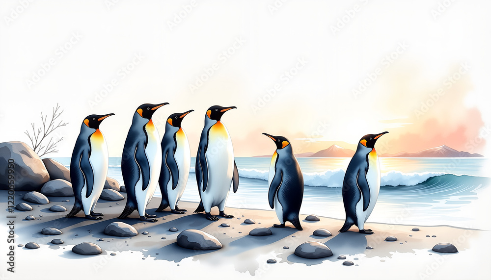 Obraz premium Adelie penguins standing on rocky beach at twilight, nature's harmony