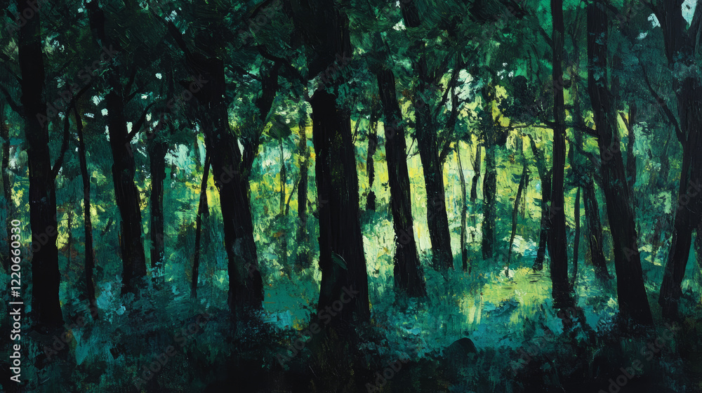 Obraz premium A dense forest with black tree trunks and deep green leaves, creating an intense yet peaceful scene of shadow and light filtering through the canopy