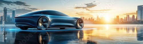 Autonomous electric car connects to AI wireless charger in modern cityscape during sunset