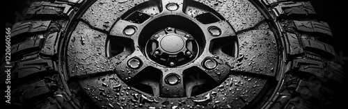 Black off-road tire and rim close-up showcasing rugged design and texture for vehicle enthusiasts photo