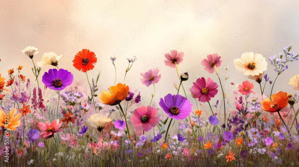 Obraz premium vibrant meadow of colorful wildflowers in full bloom, featuring layers of textured floral patches under soft, warm sky, evoking serene and cheerful atmosphere