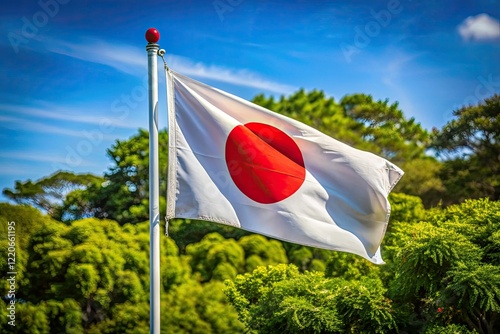 High-resolution royalty-free photo of Japan's Hinomaru flag, crisply displayed on a flagpole, capturing candid detail. photo