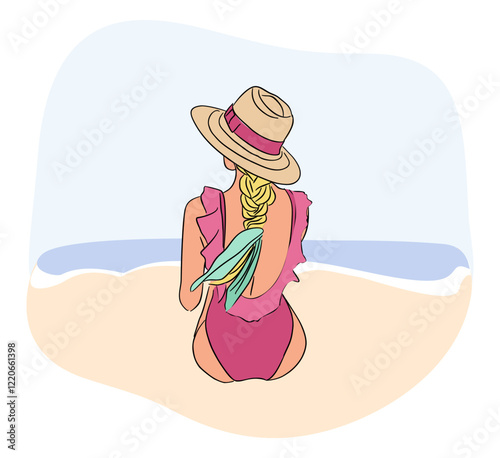 Beautiful girl in swimsuit and hat sitting on summer beach, seacoast back view. Young woman sunbathing, relaxing on seaside holiday, vacation. Outline vector illustration isolated