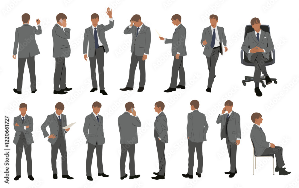 Set of Businessman character in different poses. Handsome man wearing formal suit standing , running, sitting, using phone, front, back and side view. Vector realistic illustration isolated Set of Businessman character in different poses. Handsome man wearing formal suit standing , running, sitting, using phone, front, back and side view. Vector realistic illustration isolated