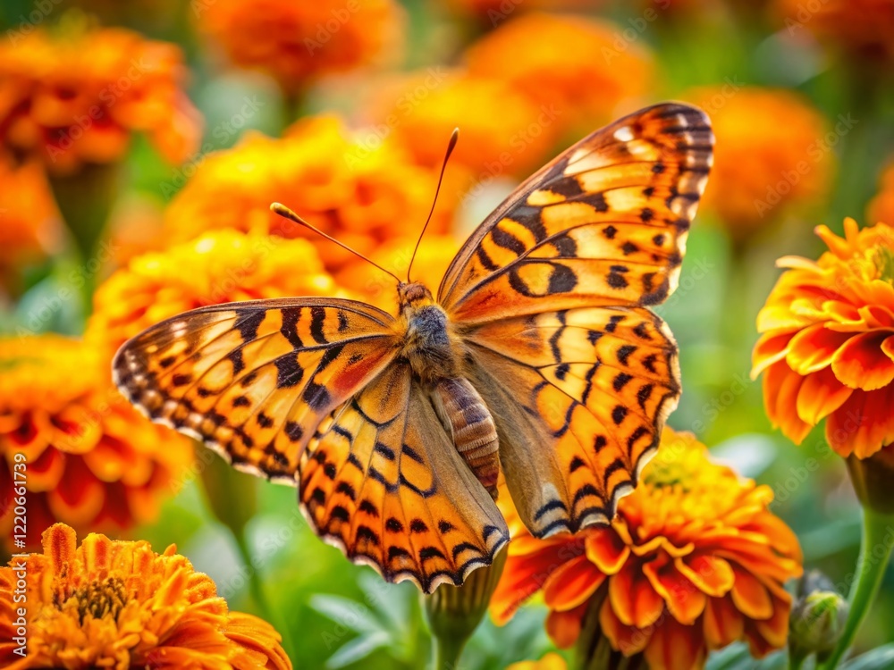 Fototapeta premium Damaged Orange Butterfly on Marigold, Shanghai, China - Stock Photo