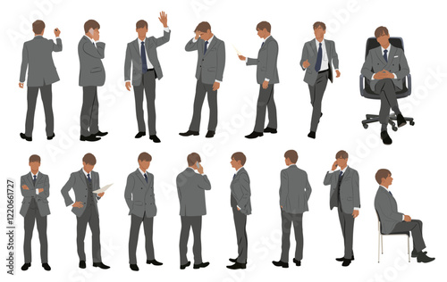 Set of Businessman character in different poses. Handsome man wearing formal suit standing , running, sitting, using phone, front, back and side view. Vector realistic illustration isolated
