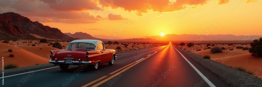 Fototapeta premium Classic car on desert highway, sun sinking below horizon , sand, horizon