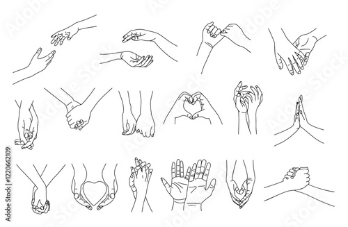 Holding Hands, Outline Drawing, Hand Holding together. Love, friendship, unity and support concept. Monochrome hand drawn ink style sketch. Vector illustration isolated