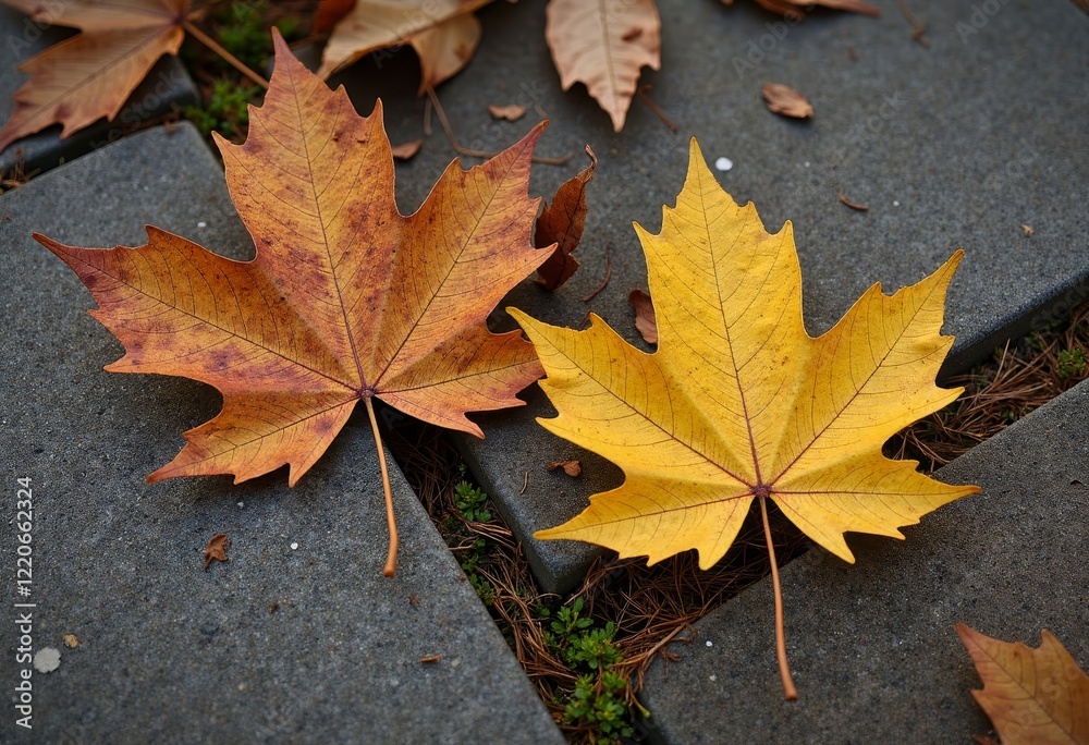 Two fallen maple leaves on pavement Two fallen maple leaves on pavement