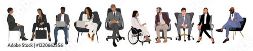 Men and women dressed in formal suits take part in business meeting, formal discussion, conference. Set different male, female cartoon characters sitting, using laptop. Vector realistic illustration