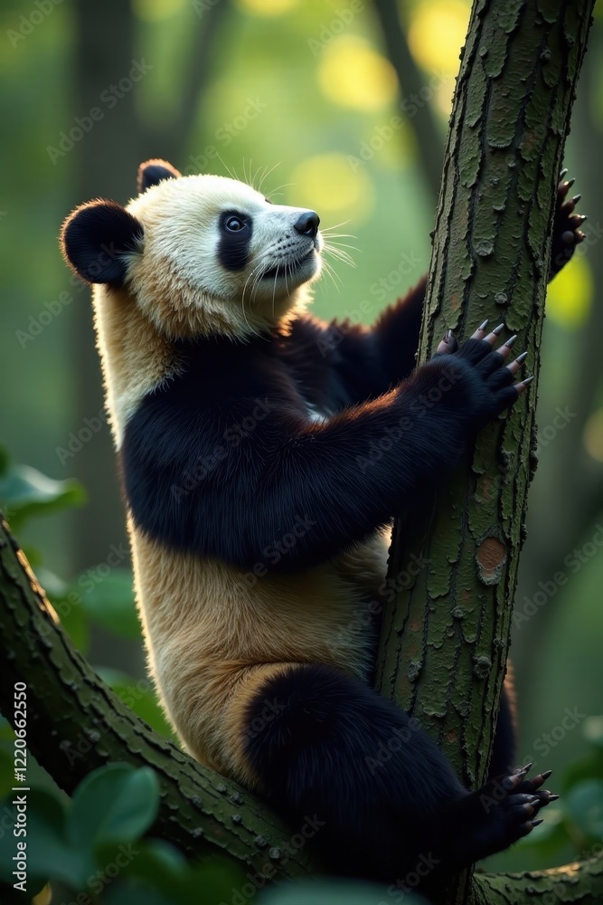 Obraz premium Panda claws gripping bark, reaching for higher branch, wood, high