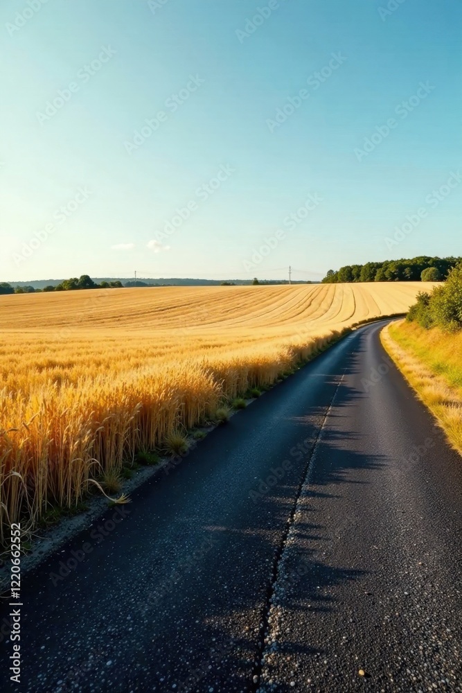 Naklejka premium Newly paved blacktop beside a golden wheat field, lines, surface