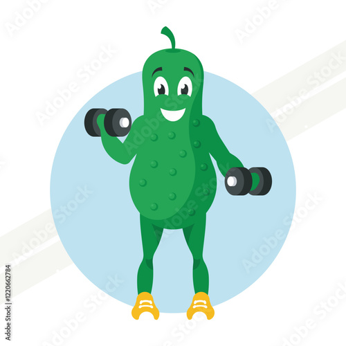 A cucumber character exercising with dumbbells representing fitness and humor
