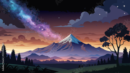 Wide panorama of the night sky showing the Milky Way and the Galactic Centre. In the foreground are various trees in silhouette and, at left, Mount Taranaki