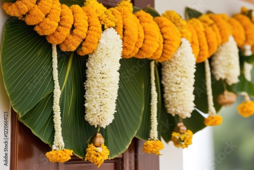 Vibrant Ugadi Toran Made of Mango Leaves and Marigolds for Traditional Festival Decoration photo