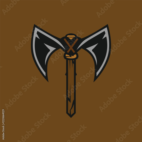A minimalist logo featuring a double-headed battle axe with a wooden handle and decorative bindings, set against a solid brown background.