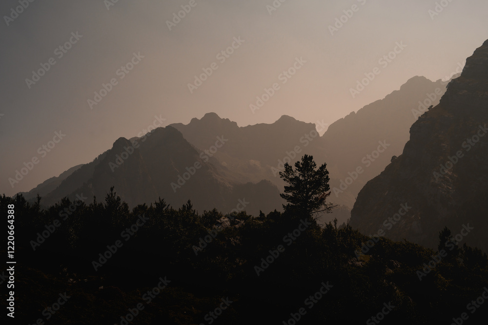 The silhouette of the rugged Pyrenean peaks rises through the mist, framed by a foreground of dense greenery. A moody and serene summer moment in Candanchú. The silhouette of the rugged Pyrenean peaks rises through the mist, framed by a foreground of dense greenery. A moody and serene summer moment in Candanchú.