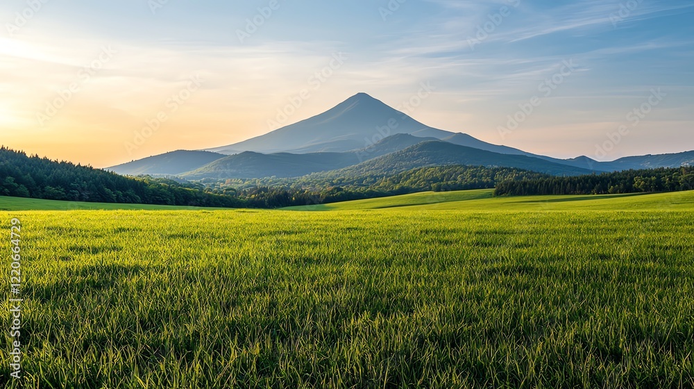 A serene landscape featuring a majestic mountain silhouetted against a vibrant sunset, framed by lush green fields and a clear sky. A serene landscape featuring a majestic mountain silhouetted against a vibrant sunset, framed by lush green fields and a clear sky.