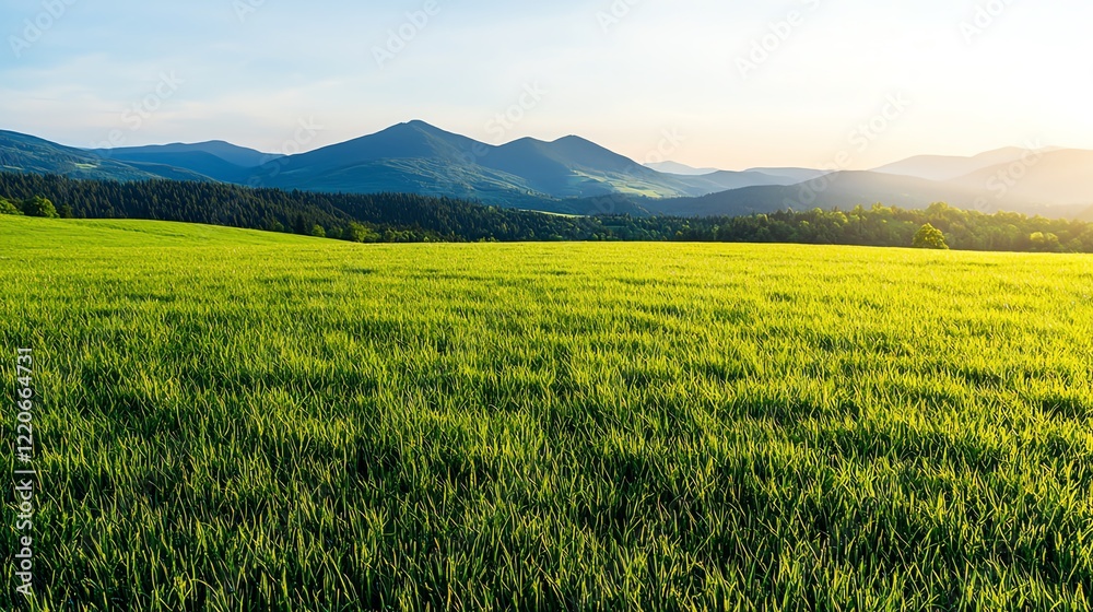 A vibrant green field stretches towards distant mountains under a clear blue sky, illuminated by warm sunlight. A vibrant green field stretches towards distant mountains under a clear blue sky, illuminated by warm sunlight.
