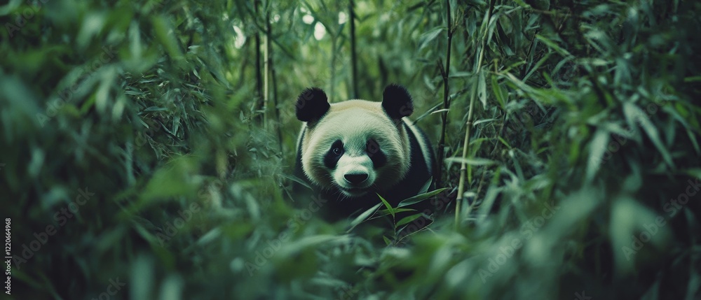 A panda peers curiously through the dense bamboo forest, its striking black and white fur contrasting against the lush greenery. A panda peers curiously through the dense bamboo forest, its striking black and white fur contrasting against the lush greenery.