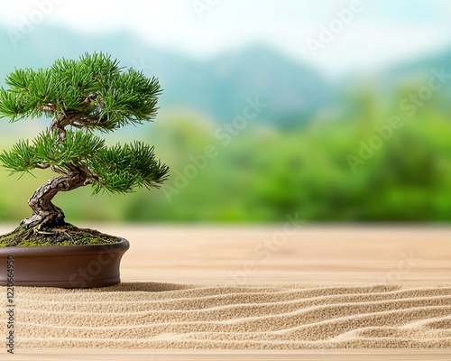 A serene bonsai tree sits gracefully on sand, surrounded by a lush green landscape and distant mountains, embodying tranquility and nature's beauty.