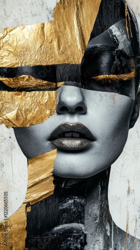 Abstract Portrait of Woman with Gold, Black, and White Visual Elements - Concept of Beauty and Strength in Modern Art, Generative AI