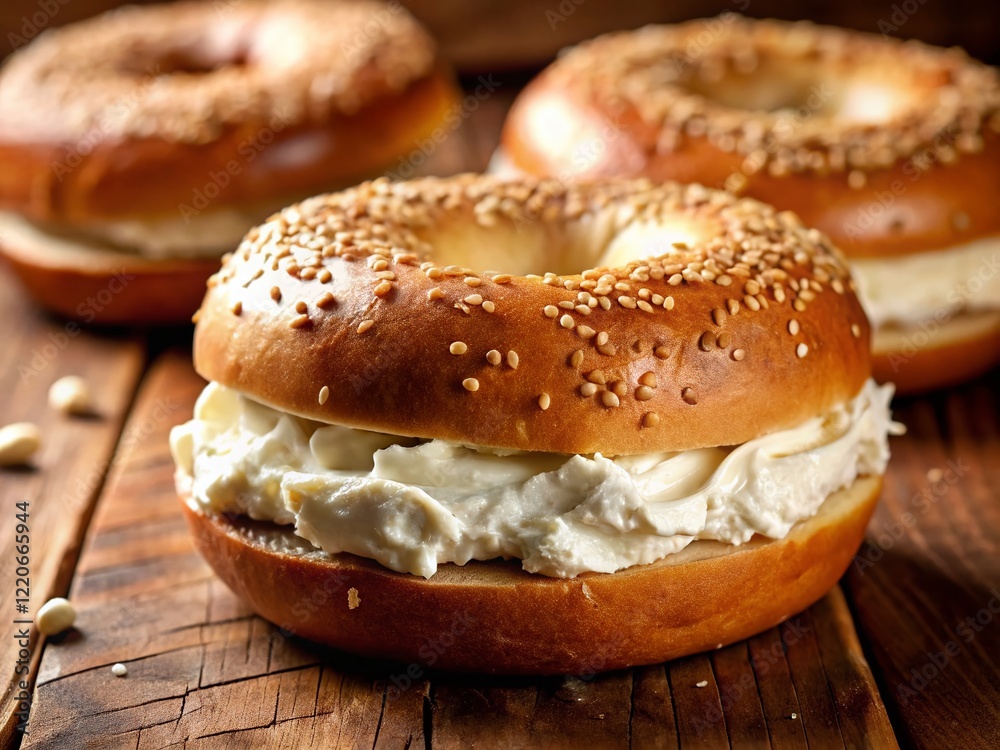 Delicious Bagel with Creamy Cheese Spread - Stock Photo Delicious Bagel with Creamy Cheese Spread - Stock Photo