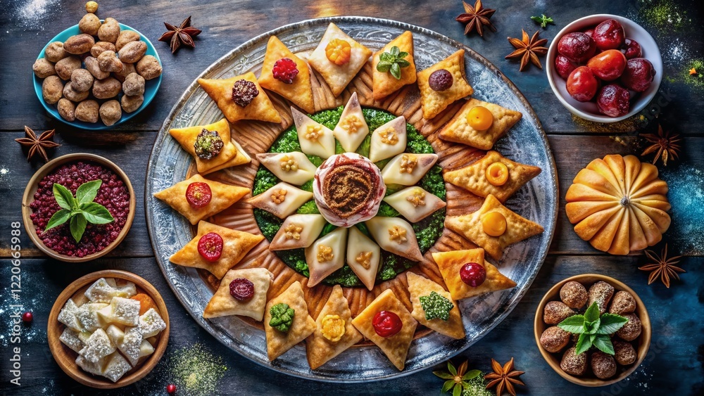 Delicious Baha'i Nine-Pointed Star Shaped Dessert Platter, Festive Food Photography Delicious Baha'i Nine-Pointed Star Shaped Dessert Platter, Festive Food Photography