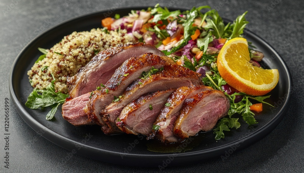 Delicious sliced roasted duck breast with quinoa and fresh salad plating