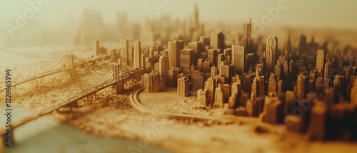 A sprawling sand city with skyscrapers and bridges under hazy light, creatively crafted, showcasing urban elegance amidst barren simplicity.