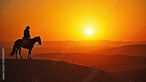 Lone Cowboy at Sunset in the Desert