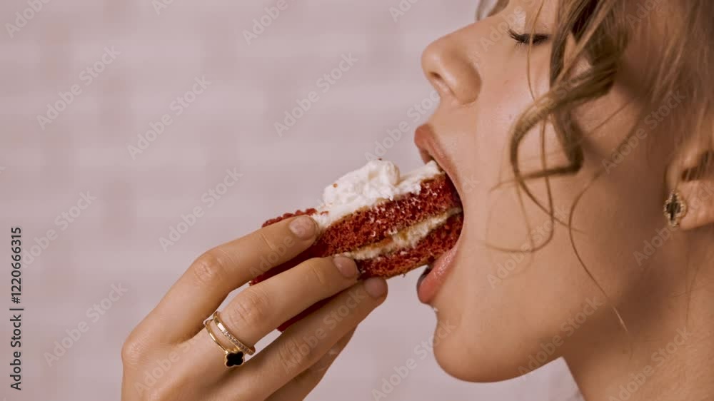 Young woman sitting at table and taking piece of cake from box and eating, chewing enjoying the taste of sweet dessert snack, happy expression. Slow motion.