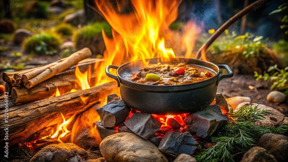 Delicious Campfire Stew in Rustic Cast Iron Pot - Outdoors Cooking Delicious Campfire Stew in Rustic Cast Iron Pot - Outdoors Cooking