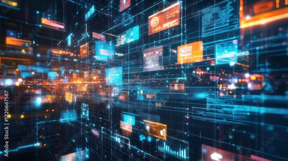 Abstract digital data streams and interconnected network.