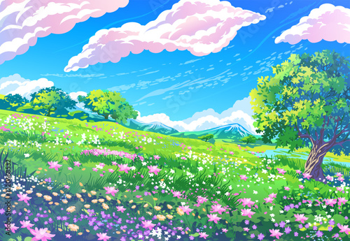 Clear blue sky with clouds, blooming meadow and one tree in cartoon anime style.