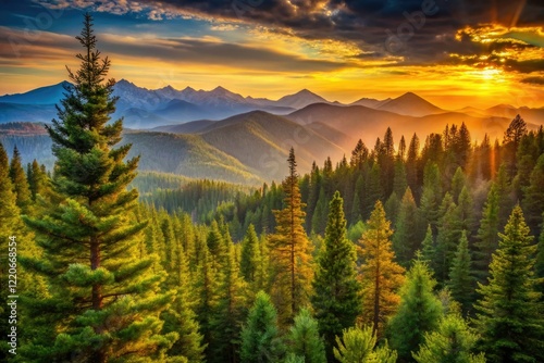 Serene mountain landscape: majestic pines stand tall, a wilderness portrait in nature's beauty.