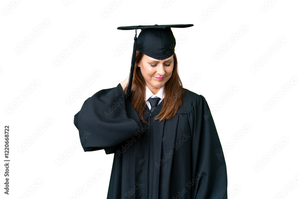 Middle age university graduate woman over isolated background with neckache Middle age university graduate woman over isolated background with neckache