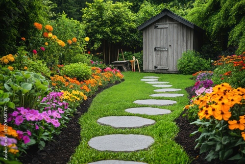 A backyard garden featuring a pathway of stepping stones, a small tool shed, and rows of vibrant flowers