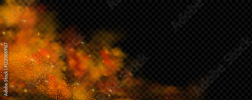 Orange magic fog. Yellow smoke with glowing particles. Colored powder with explosion effect.