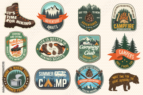 Set of Summer camp and hiking patches, badges. Vector. Concept for shirt or logo, print, stamp, patch or tee. Design with mountain, forest, hiking boots, rv trailer, camping tent, campfire.
