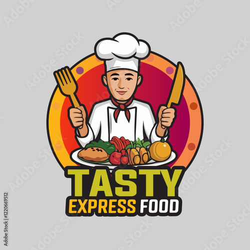 Chef mascot logo design for restaurant, cooking man tasty express food illustration.