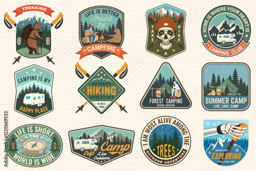 Set of Summer camp and hiking patches, badges. Vector. Concept for shirt or logo, print, stamp, patch or tee. Design with camping tent, campfire, rv trailer, mountain, hiker pole, and forest