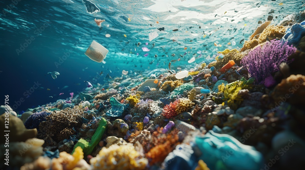 Fototapeta premium microplastics trapped in coral reefs, showcasing the environmental damage caused by pollution
