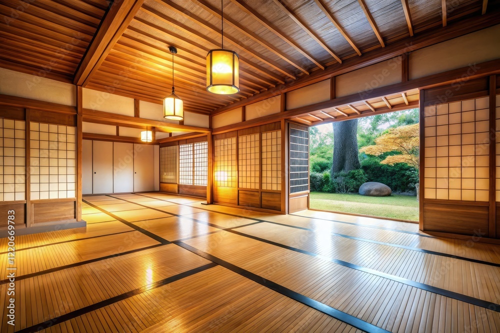 Obraz premium Soft focus reveals an empty, minimalist Japanese room; wooden serenity.
