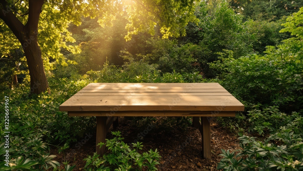 Wooden Table in a Sunlit Forest Setting Wooden Table in a Sunlit Forest Setting