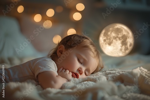 A baby sleeping on a bed with a full moon in the background